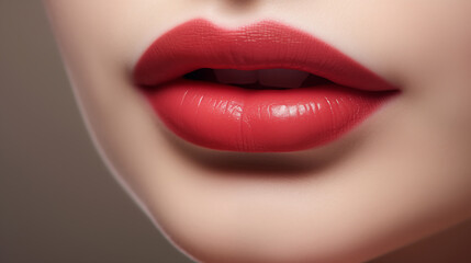 Obraz premium Close-up image of vibrant red lipstick on the edge of lips. Generative AI.