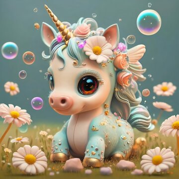 in pastel colors Cute 3d baby unicorn wearing flowers on its head, floating bubbles, cute flowers and small details, bright, cinematic, 3d render