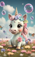 Slats personalizados com sua foto in pastel colors Cute 3d baby unicorn wearing flowers on its head, floating bubbles, cute flowers and small details, bright, cinematic, 3d render