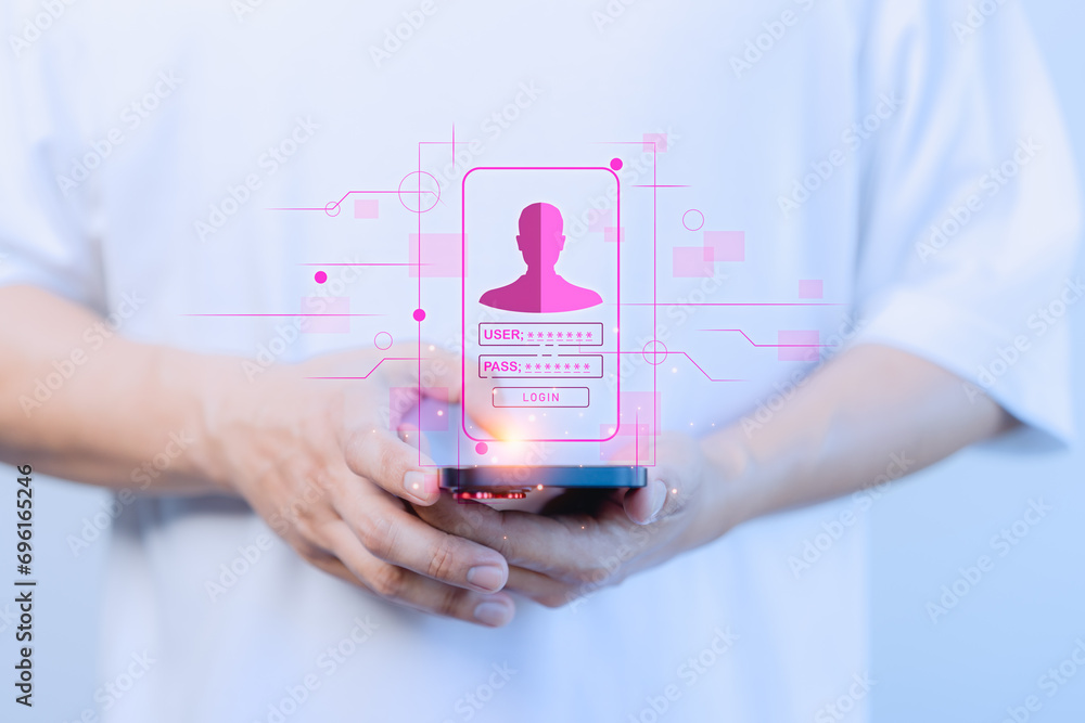 Poster Cybersecurity concept, man use mobile phone type the username and password. User privacy security and protect personal data. Secure encryption and access to the user's private information to internet.