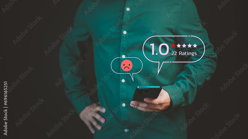 Poster customer review and feedback with rate 1 star on virtual screen. assessment testimonial review for d