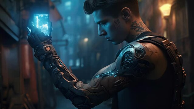 A nondescript person with a prosthetic arm with circuitry replacing where the skin and muscles should be. cyberpunk ar