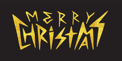 Merry Christmas golden foil lettering in rock metal style. Party celebration card. Vector illustration. - 696165647