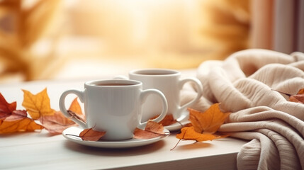  a beautifully styled mockup featuring two white coffee mugs placed on a rustic wooden table, adorned with a cozy woolen scarf and surrounded by vibrant fall maple leaves