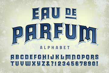 Eau de Parfum is an antique style alphabet with elegance and panache. Would make a good logo lettering style for high end boutique products.