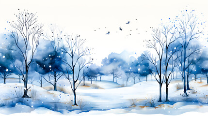 Watercolor style of snow covered trees in tranquil winter forest scene.