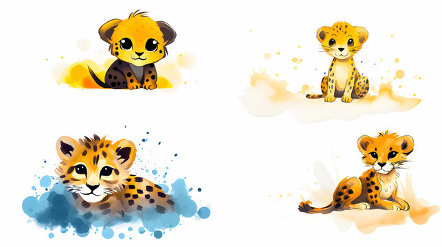 Watercolor style of set of leopard cubs in various poses.