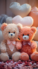 Pink teddy bear sit side by side in front of a pink heart-shaped pillow.