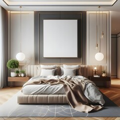 Frame mockup, mockup poster on the wall of bedroom. Modern interior design. Generative AI.