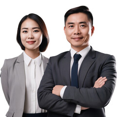 Portrait of two business people smiling together, isolated on transparent background