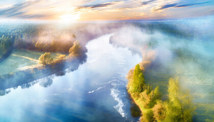 Aerial shot of tranquil morning river amid untouched nature