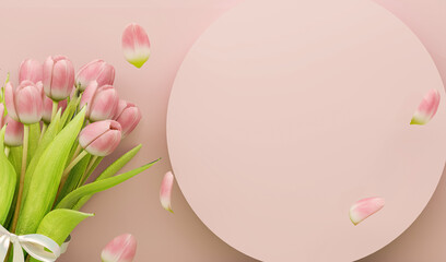 Naklejka premium Welcome signboard mockup with international Women's Day, Valentine's Day. Gift of flowers. Pink tulips on pastel background, spring bouquet. 3d render of online flower delivery.