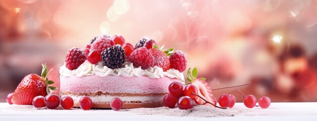 cake and dessert with fresh berries and cream in the style of light pink and crimson, bokeh panorama - obrazy, fototapety, plakaty