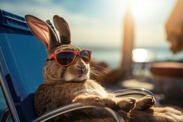 Cool bunny in sunglasses lying on chaise longue on the beach close up. Travel and vacation concept. funny rabbit relaxing on sunbed - obrazy, fototapety, plakaty