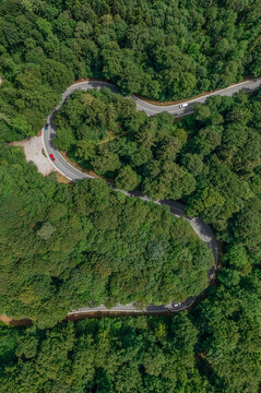Aerial view of a red car driving along a serpentine road through a green forest.