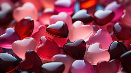pink and red heart shaped candies in the style of detailed texture background - obrazy, fototapety, plakaty