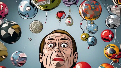 A series of thought bubbles with common fears and insecurities, illustrating how these emotions can make individuals more susceptible to believing in conspiracy theories.