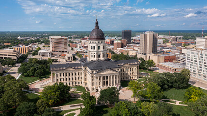 Afternoon view of the historic state capitol building of downtown Topeka, Kansas, USA.