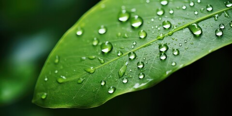 Fototapeta na wymiar Macro photography captures the beauty of large, transparent rainwater drops on a lush green leaf, glistening in the morning sunlight.