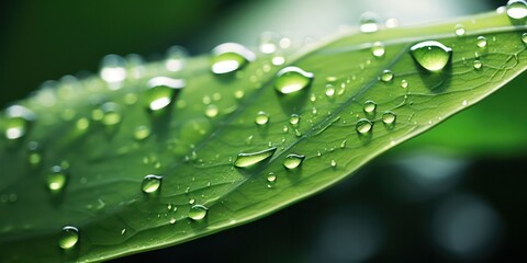 Naklejka premium Macro photography captures the beauty of large, transparent rainwater drops on a lush green leaf, glistening in the morning sunlight.