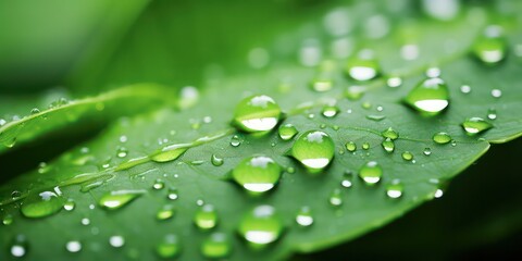 Macro photography captures the beauty of large, transparent rainwater drops on a lush green leaf, glistening in the morning sunlight.