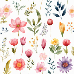 Fototapeta na wymiar Seamless pattern of Asian flowers, watercolor, Wrapping paper pattern