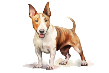 Cute little Bull terrier dog with a wide open mouthed smile and bright. Watercolor. - obrazy, fototapety, plakaty