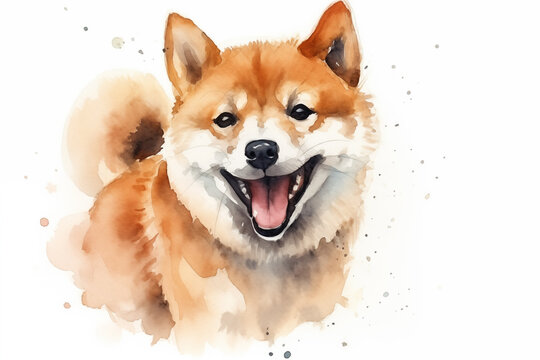 Cute little Shiba Inu dog with a wide open mouthed smile and bright. Watercolor.
