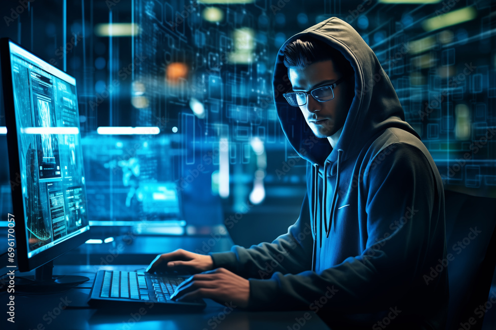 Poster a professional hacker, hooded and enigmatic, seated in front of a bank of multiple computer screens.