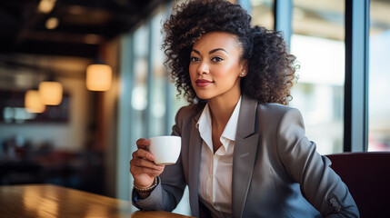 African Americans businesswoman in sharp suit Sit and drink coffee comfortably in a modern coffee shop. - obrazy, fototapety, plakaty
