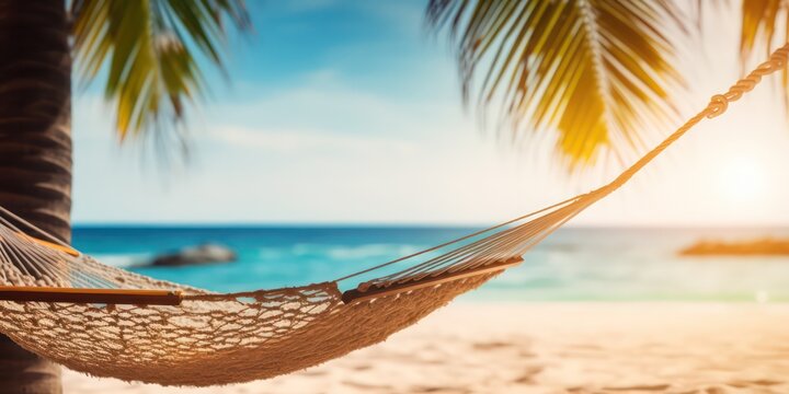 The beach hammock on a tropical beach, ready for a day of relaxation Golden sand meets the tranquil blue sea, creating a summer beach backdrop.