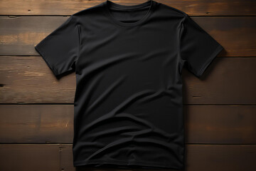 Modern Black T-Shirt Mockup Over Rustic Wood Planks - Perfect for Casual Wear Design Showcases and Online Retail