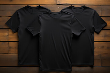 Modern Black T-Shirt Mockup Over Rustic Wood Planks - Perfect for Casual Wear Design Showcases and Online Retail