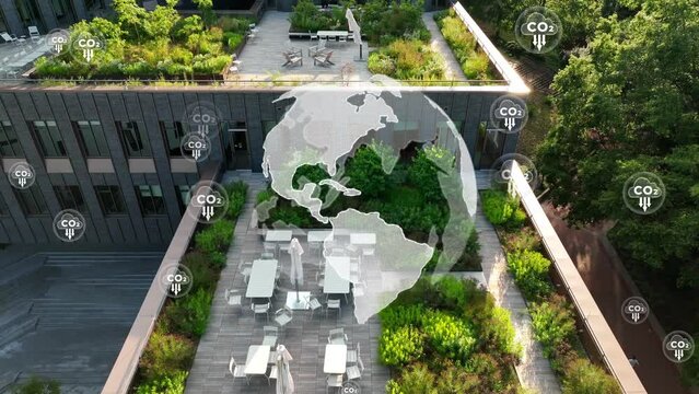 Net zero rooftop garden with globe and CO2 reduction animation. Aerial drone shot in USA city.
