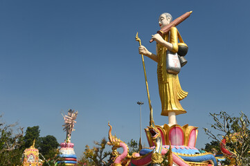 An outdoor statue of Phra Siwali is decorated for Buddhists to admire at Wat Saeng Kaew Phothiyan...