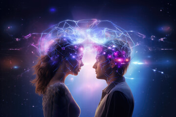 Love emotion or empathy cerebral or brain, interaction and connection between two people - obrazy, fototapety, plakaty