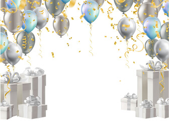Celebration background with balloons and gift boxes. Vector illustration.