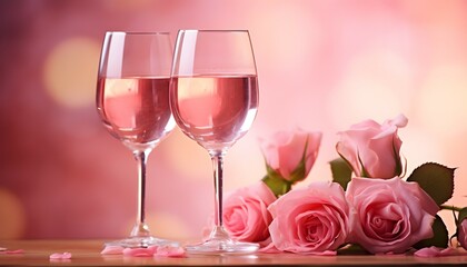 Romantic Table Setting with Pink Roses and Wine Glasses
