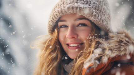 a beautiful woman smiling in a winter blizzard. generative AI - obrazy, fototapety, plakaty