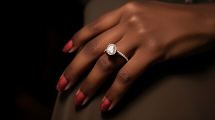 Elegant Diamond Engagement Ring on Woman's Hand. - obrazy, fototapety, plakaty
