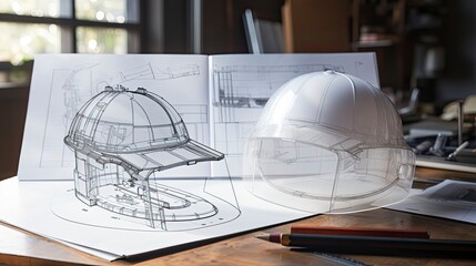 Architect's Helmet Over Blueprint in Office.