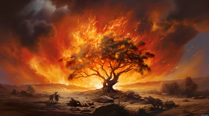 Tuinposter In the serene desert, Moses, a humble shepherd, witnesses a celestial spectacle—the burning bush. Radiating an ethereal glow, the bush, untouched by the flames, becomes a conduit for the divine. © Brian
