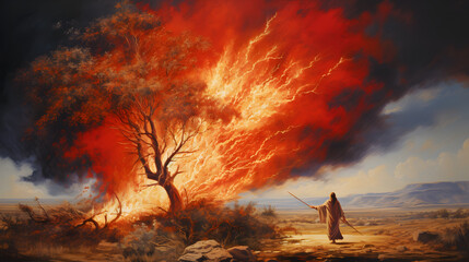 In the serene desert, Moses, a humble shepherd, witnesses a celestial spectacle—the burning bush. Radiating an ethereal glow, the bush, untouched by the flames, becomes a conduit for the divine.