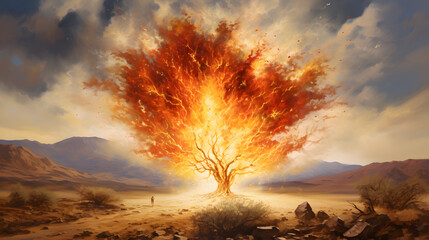 In the serene desert, Moses, a humble shepherd, witnesses a celestial spectacle—the burning bush. Radiating an ethereal glow, the bush, untouched by the flames, becomes a conduit for the divine.