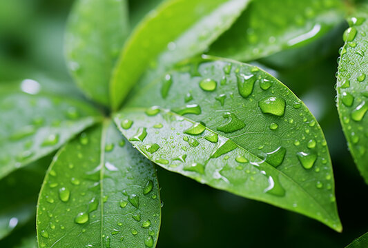 close up of green leaves with water drops. Ai generated images