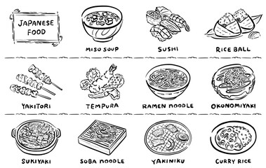日本食　イラスト素材　線画　手描き　1色 - obrazy, fototapety, plakaty