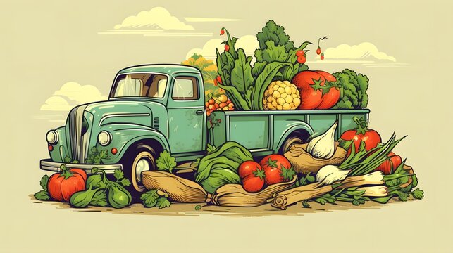 green truck loaded with fresh vegetables clip art preview