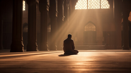 muslim man praying in mosque, ramadan Kareem concept, islamic background, Generative AI - obrazy, fototapety, plakaty
