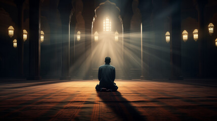 muslim man praying in mosque, ramadan Kareem concept, islamic background, Generative AI - obrazy, fototapety, plakaty