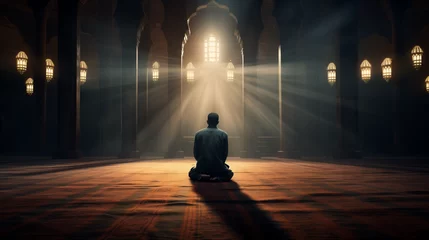 Fotobehang muslim man praying in mosque, ramadan Kareem concept, islamic background, Generative AI © Naseem